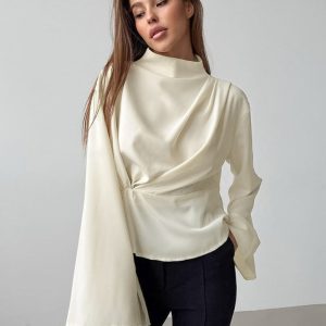 Chiffon Tie Waist Stand Collar Long Sleeve Tee