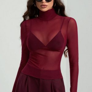 Stand Collar Solid Mesh Slim Fit Long Sleeve Tee