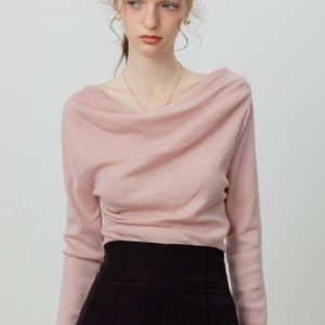 Chic Off Shoulder Tie Waist Cowl Neck Long Sleeve Tee