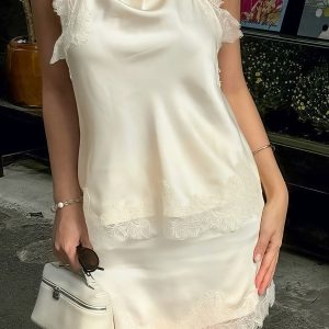 Lace Sleeveless Draped Collar Halter Mini Dress