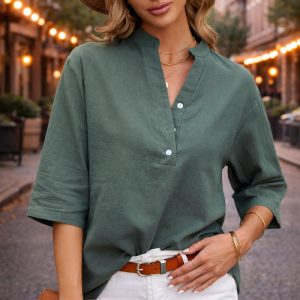 Women Minimal Linen Blend Blouse, Soft Cotton Summer Shirt – Everyday Style