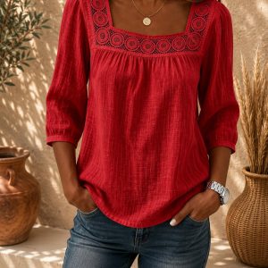 Women's Square Neck Lace Detail Casual Three Quarter Sleeve Top