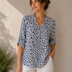 100% Cotton Floral Tunic Top, Button Detail Front Blouse, Lightweight Summer Shirt, Roll Sleeve Casual Top, Oversized